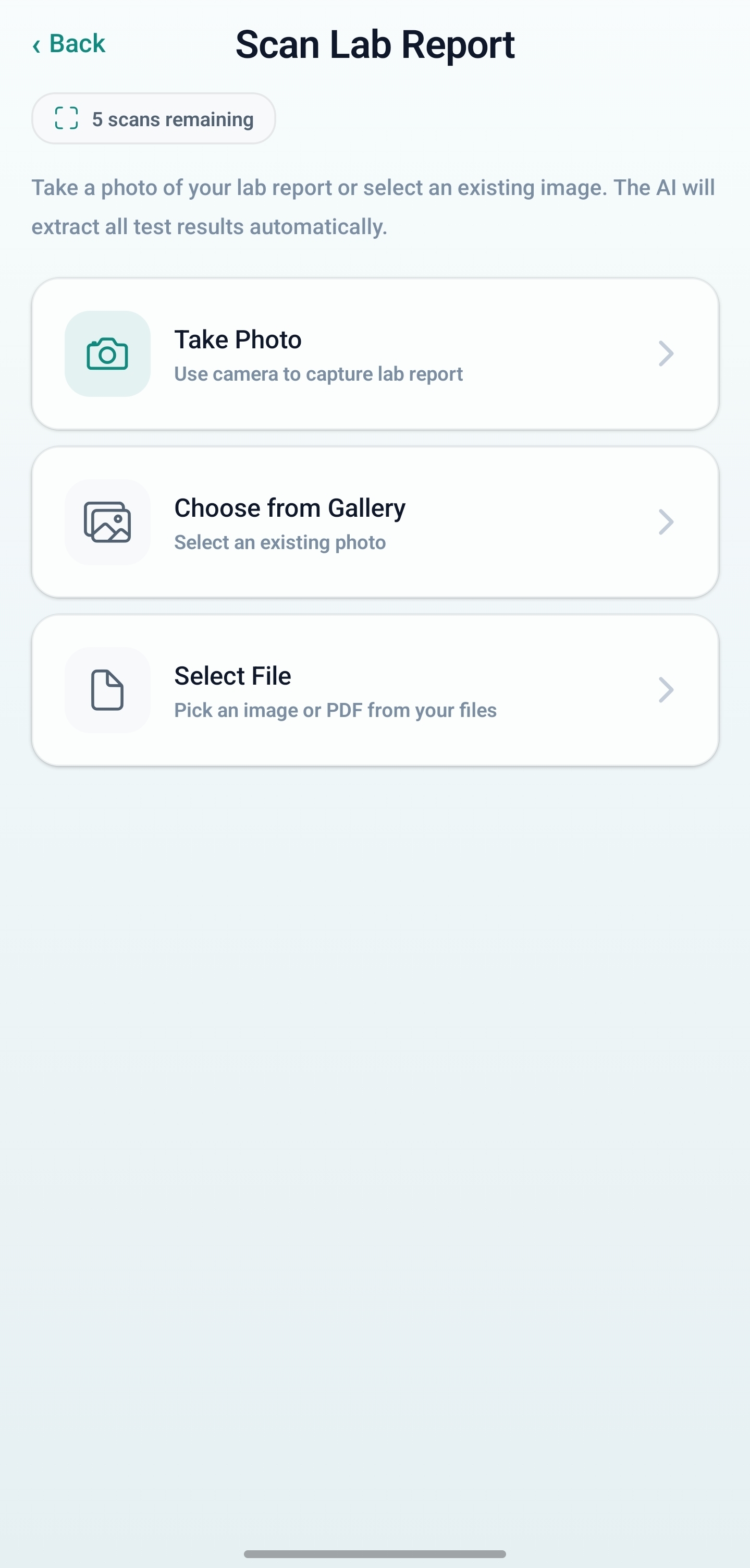 Scan Lab Report screen with camera, gallery and file options