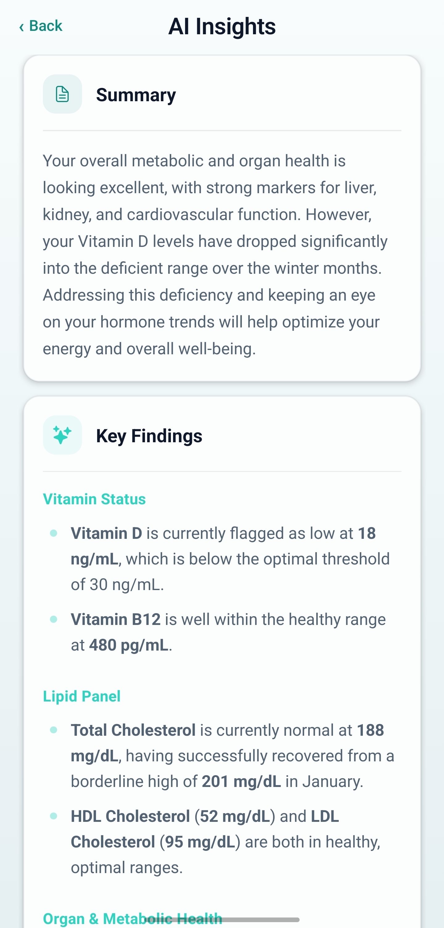 AI Insights screen with a summary and findings